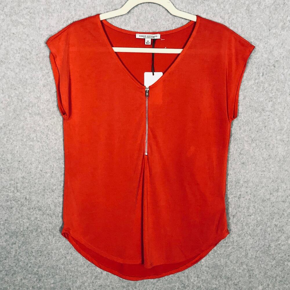 Green Envelope Top Womens XS Orange Red Blouse Zip Shirt Knit Stretch Basic Soft